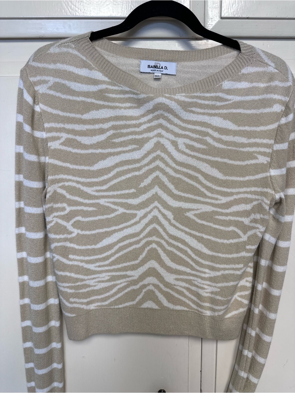 Bella D. Beige and White Zebra-Pattern Crewneck Sweater